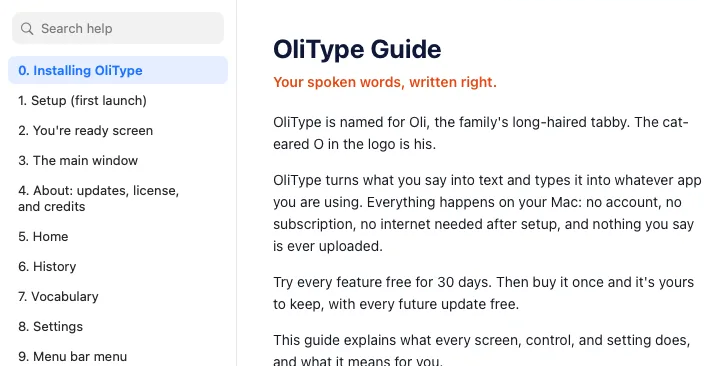 OliType Help: a Search help box and the list of guide sections beside the start of the OliType Guide.