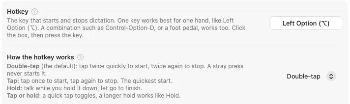OliType Settings: the Hotkey box set to Left Option, and How the hotkey works set to Double-tap, with Tap, Hold, and Tap or hold explained.